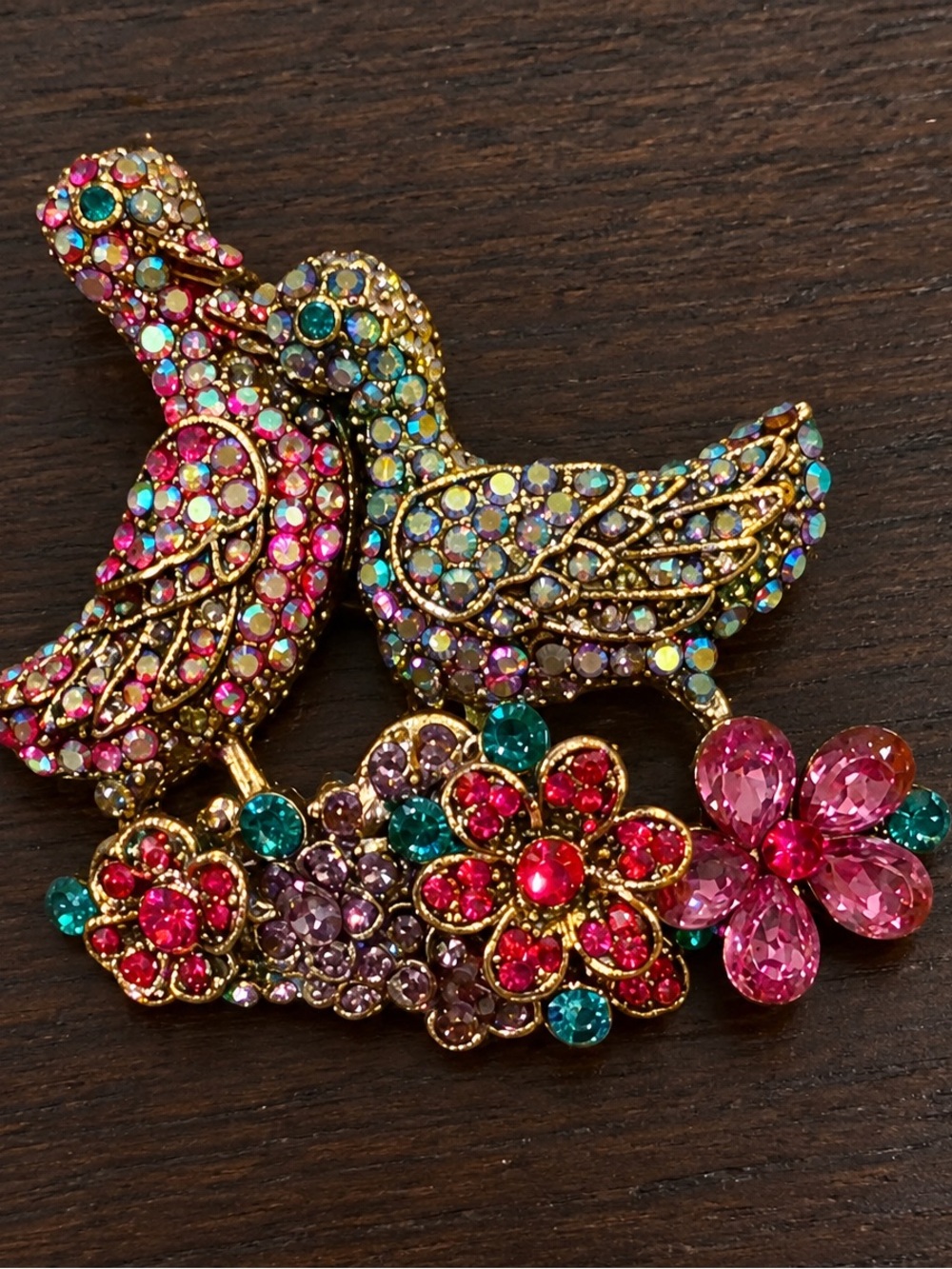 Colorful Rhinestone Love Birds & Flowers Brooch – Gold Tone